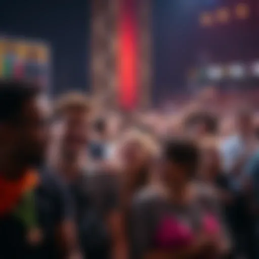 A diverse group of people laughing and looking at a stage, eagerly waiting for a big reveal