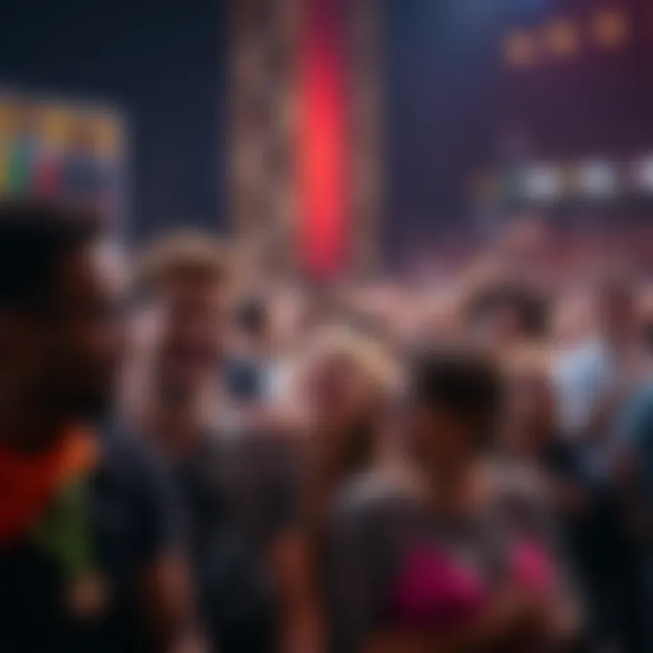 A diverse group of people laughing and looking at a stage, eagerly waiting for a big reveal