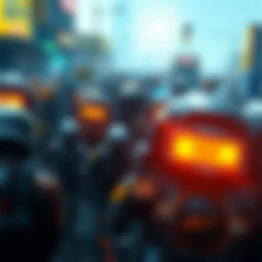 Crowded Game Scene with NPCs A busy video game scene featuring numerous non-player characters moving around, showcasing different pathfinding methods in action