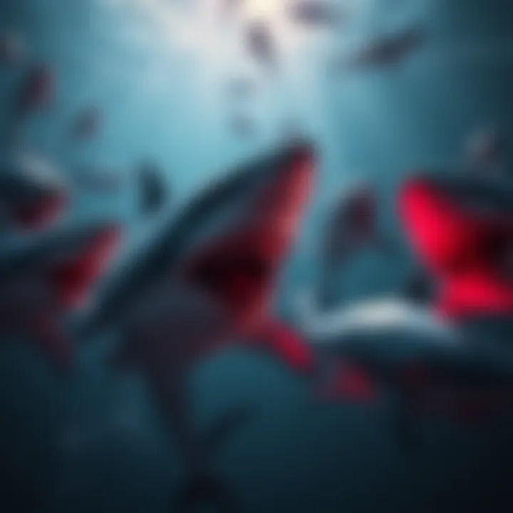 A crowdfunding campaign scene showing sharks representing fake supporters and pledgers lurking around, making it difficult for genuine backers to connect with the creator.
