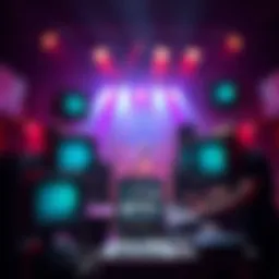 Technicians arranging CRT monitors on stage with live band equipment while ensuring minimal sound interference