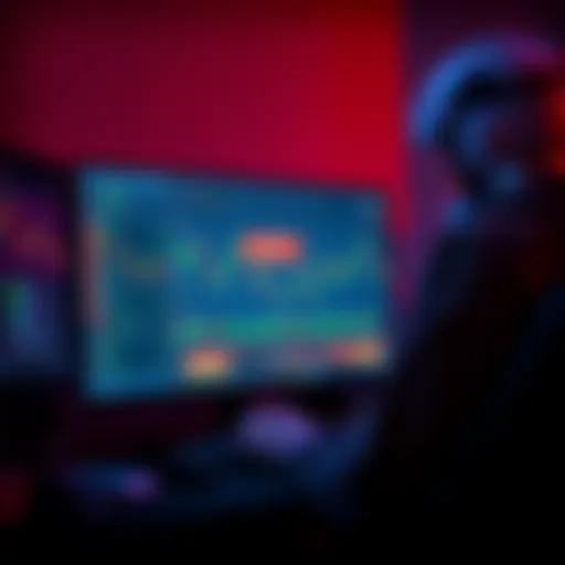 A player developing a trading bot that analyzes market charts on a computer screen, with code and graphics visible, evoking a retro gaming style.