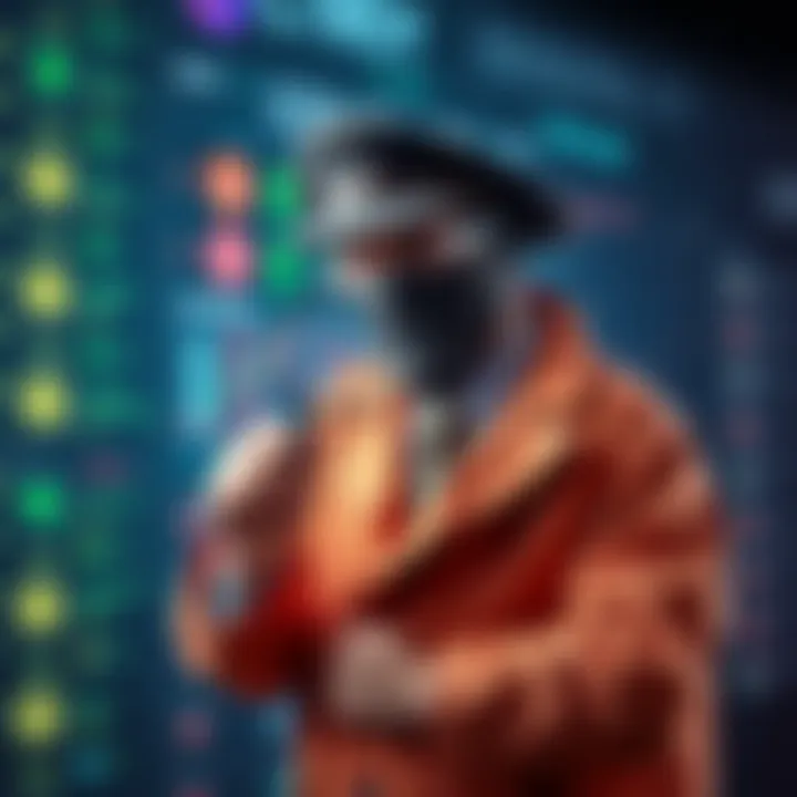 Crypto Investigator and Strategist A character dressed as an investigator holding a magnifying glass while looking at digital currency symbols on a screen, representing the choice of investigation in a crypto world.