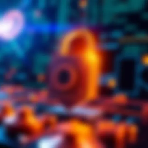 A digital lock symbol representing the protection of cryptocurrency against AI threats, with a backdrop of computer code and blockchain elements.