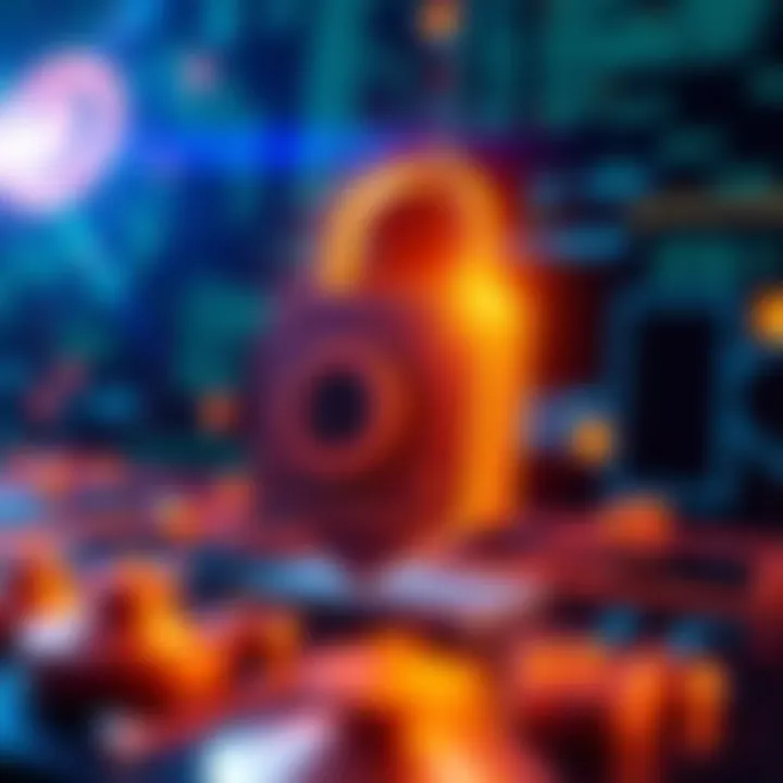 A digital lock symbol representing the protection of cryptocurrency against AI threats, with a backdrop of computer code and blockchain elements.