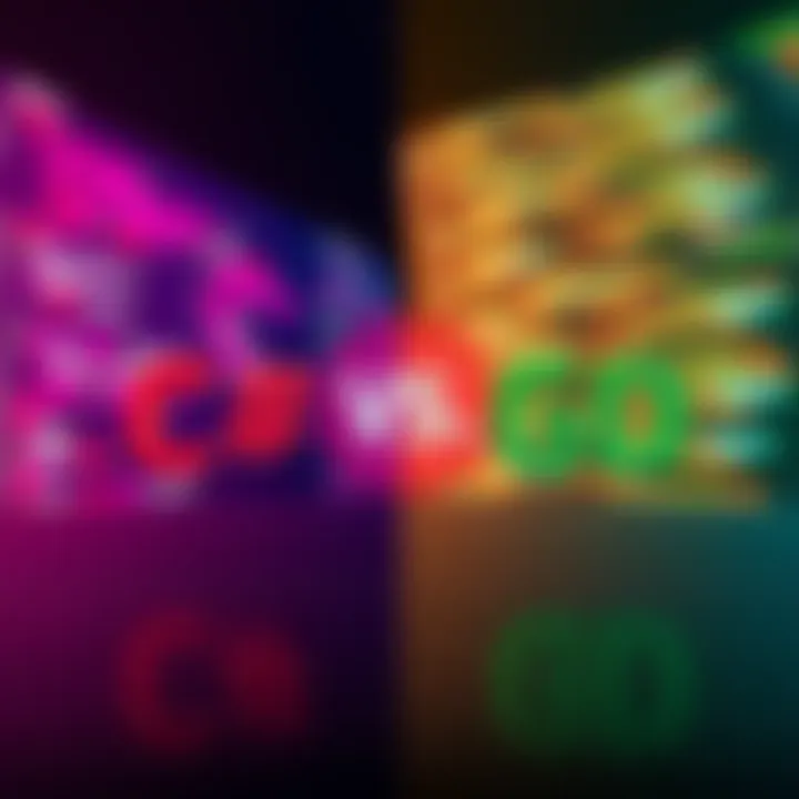 C# and GD Script Comparison A graphic comparing C# and GD Script, featuring code snippets and icons representing both languages, set against a vibrant game development background.