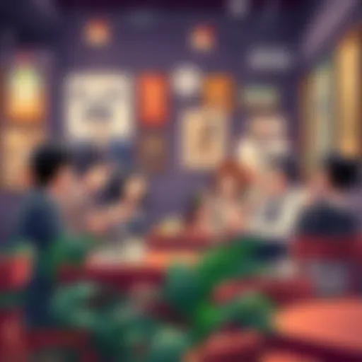 A group of diverse people discussing the impact of Random Ayase Seiko in a trendy café setting, with art and cultural symbols in the background.