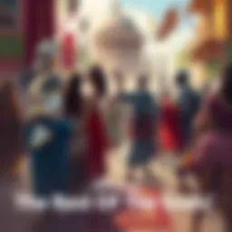 A vibrant scene depicting characters from 'The Rest Of The Gods' in a dynamic setting, showcasing their interactions and themes relevant to modern culture.