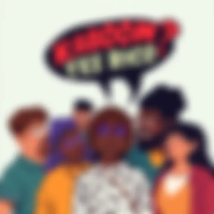 A group of diverse individuals discussing cultural changes, with a speech bubble showing the phrase 'Kaboom? Yes Rico.'