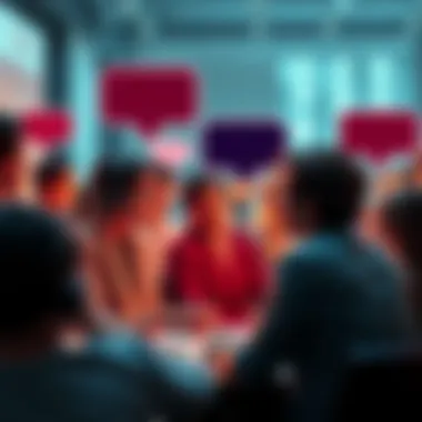 A group of people debating AI technology in an online forum, showing contrasting opinions with speech bubbles above their heads.