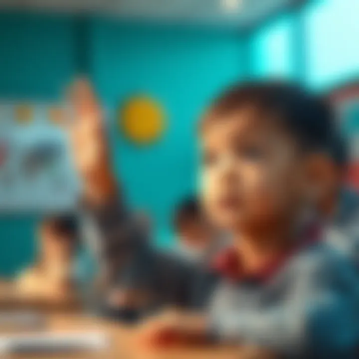 Curious Child Asking Questions A child with a thoughtful expression, raising their hand in a classroom, eager to ask questions about the world around them.
