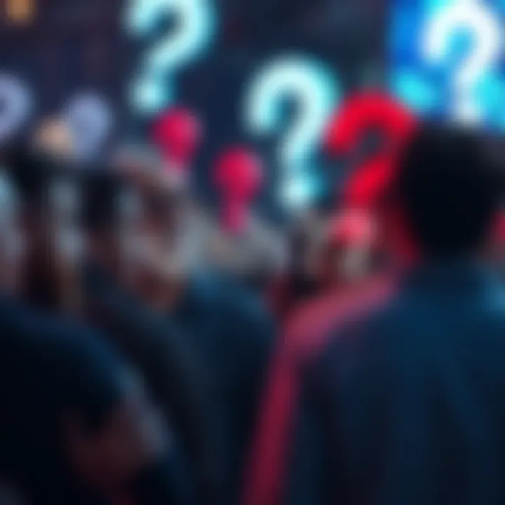 A crowd of people looking puzzled and discussing a strange event with question marks in the background.