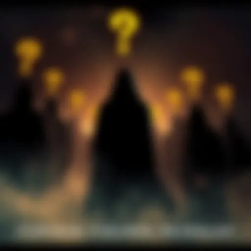 A group of shadowy silhouettes representing unidentified individuals, each with question marks above their heads, showcasing the theme of exploration and identity.