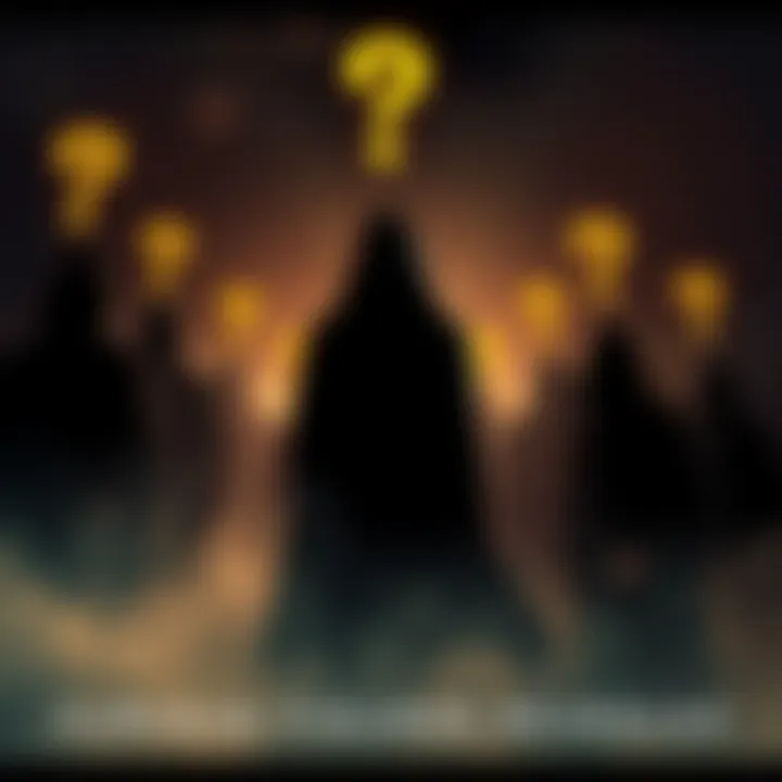 A group of shadowy silhouettes representing unidentified individuals, each with question marks above their heads, showcasing the theme of exploration and identity.