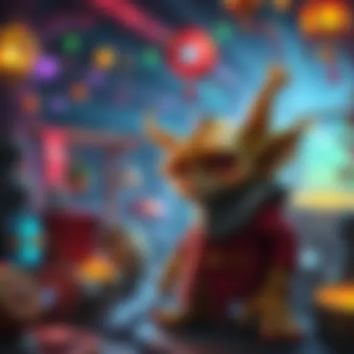 A curious goblin character looking around in a vibrant fantasy environment filled with intriguing items and creatures.