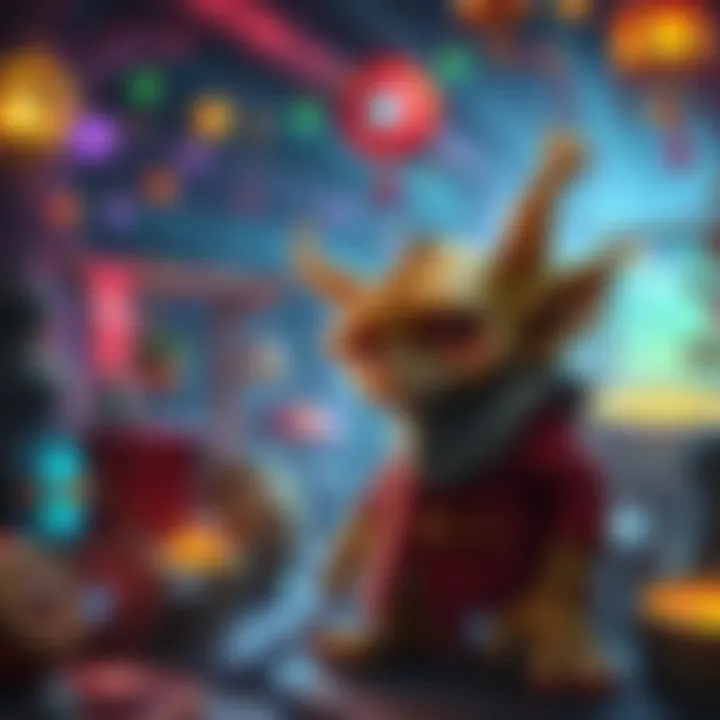 A curious goblin character looking around in a vibrant fantasy environment filled with intriguing items and creatures.