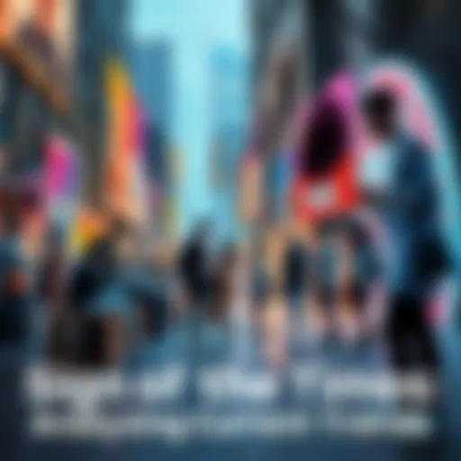 A diverse group of people interacting with technology and art in an urban setting