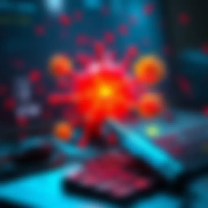 A digital cursor battling colorful viruses on a computer desktop, with artistic elements surrounding it.
