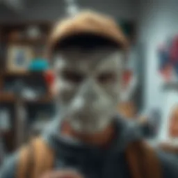 An artist wearing a perfectly fitted custom 3D printed mask, showing the details of the mask and the art studio in the background.
