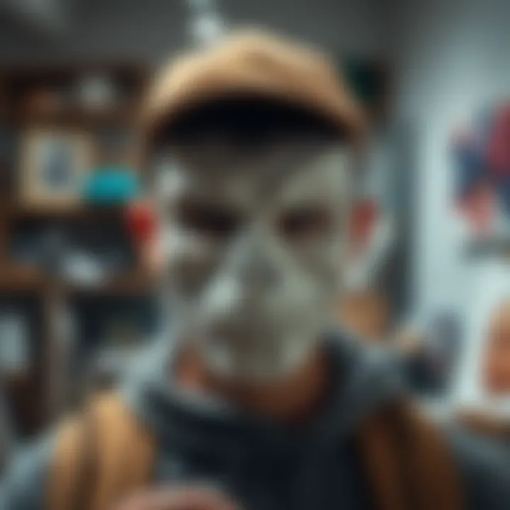 An artist wearing a perfectly fitted custom 3D printed mask, showing the details of the mask and the art studio in the background.
