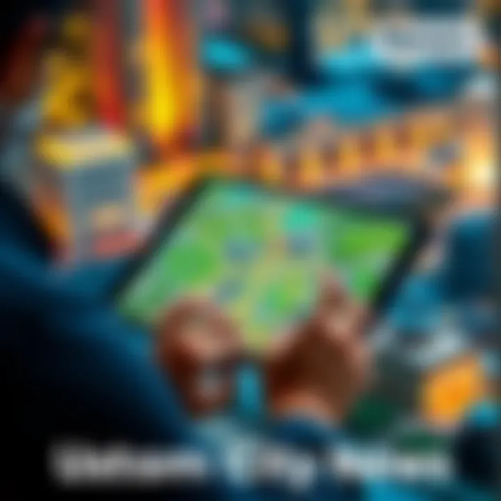 A person creating a colorful city map on a digital tablet, showing buildings and parks.