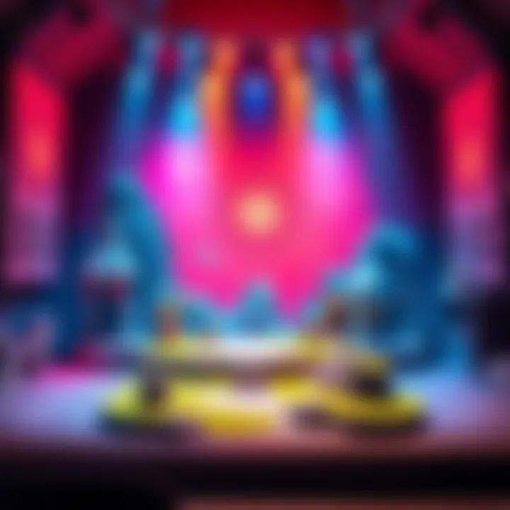 A colorful custom stage designed for DnD miniatures with various terrain features and details.