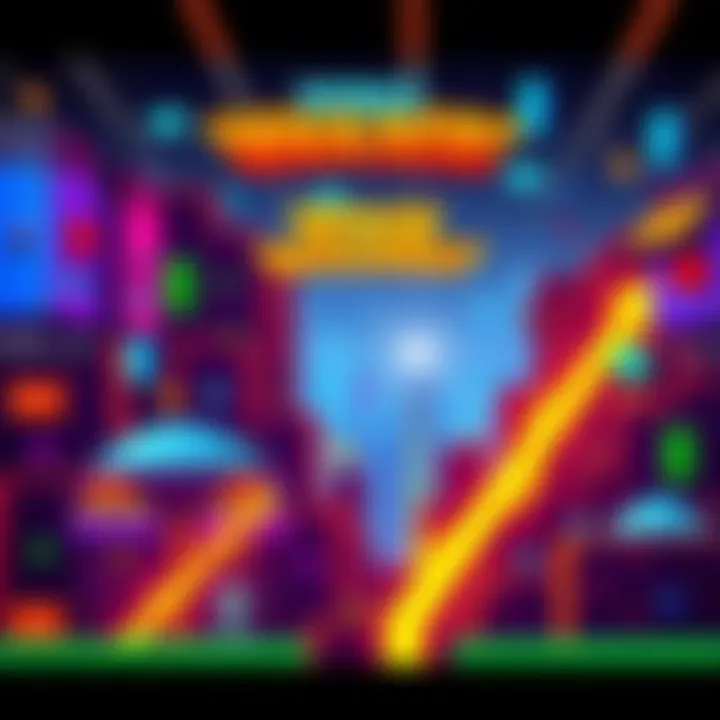 A mix of retro game visuals from Space Invaders and Blockout with colorful graphics and pixel art style