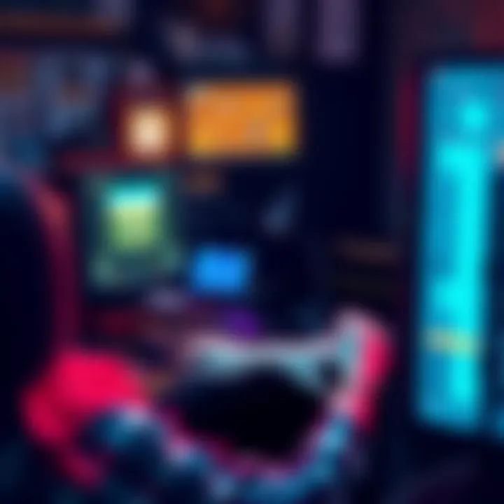 A person creating a unique video game concept with a computer and ChatGPT interface, showcasing elements of vintage electronics and Japanese culture.