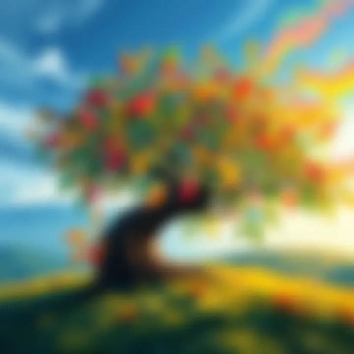 An artist's custom-painted tree made with a willow leaf brush, showcasing vibrant colors and artistic texture.