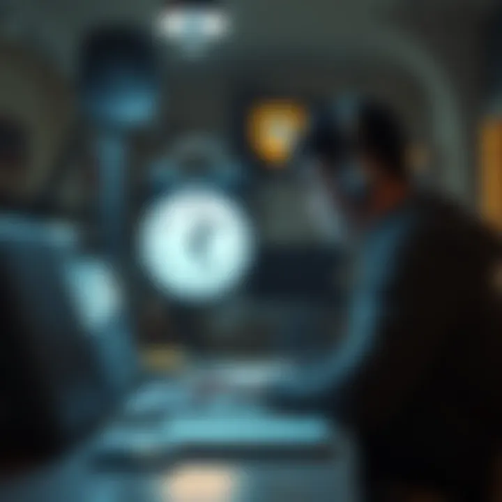 A person waiting at a desk with a laptop, looking at a clock while holding a support ticket, representing customer support response times