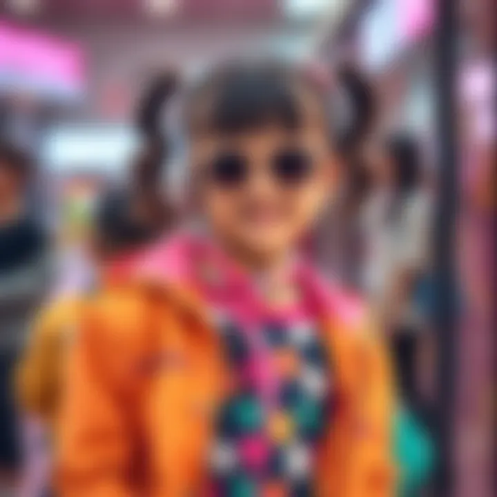 A young girl wearing a colorful outfit and accessories, expressing a fun and playful style. She stands confidently, embodying the Super Cute Daddy Girl trend.