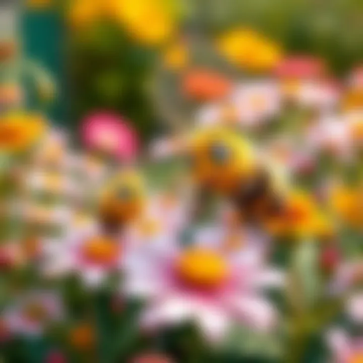 A lively scene of adorable animated bees buzzing around colorful flowers.