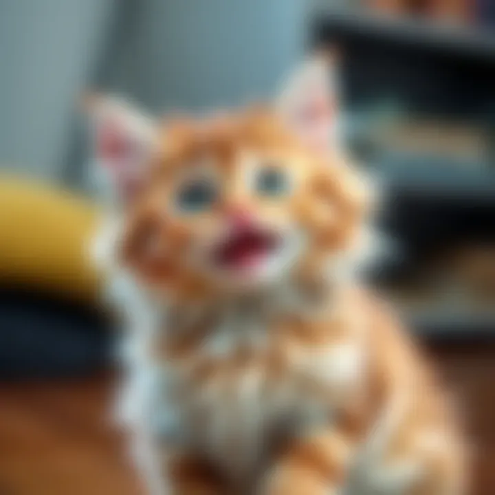 A fluffy cat with bright eyes and a playful demeanor sits happily, bringing joy to everyone around.