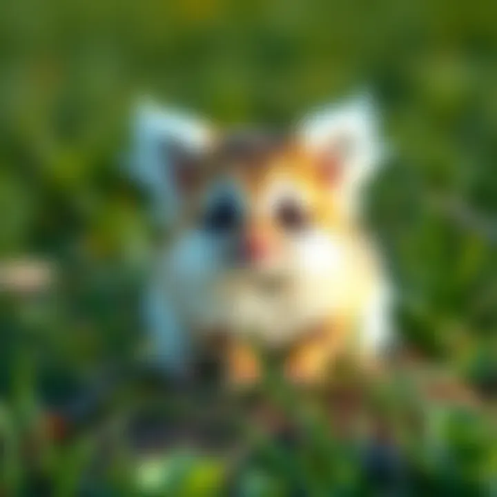 A small, fluffy creature with big eyes and a playful expression, sitting on a grassy patch