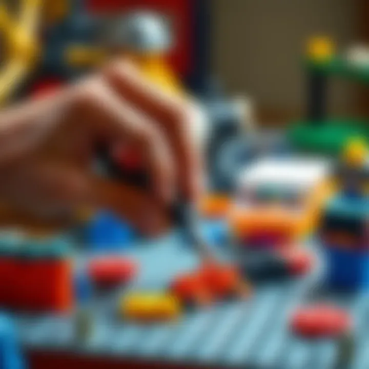 A person using a cutting tool to modify custom LEGO pieces for a project