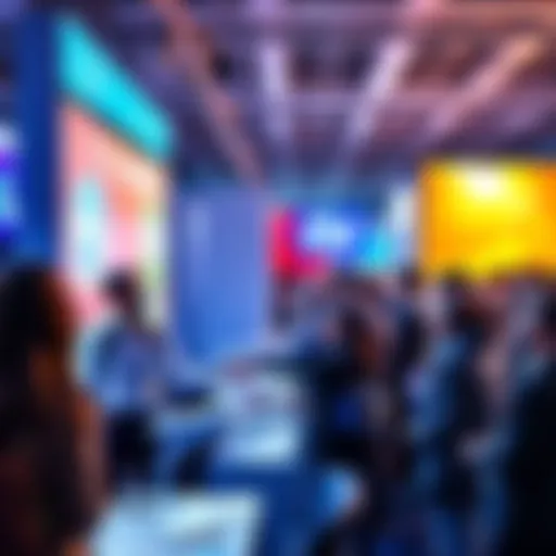 A person handing out CVs at a conference booth surrounded by attendees
