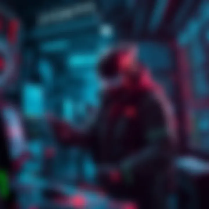 A Cyber Netrunner uses advanced technology in a dark, futuristic setting with screens and digital codes around.