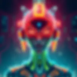 A vibrant digital character resembling CyberNani, with futuristic design elements and tech-inspired colors, set in a tech-themed background.