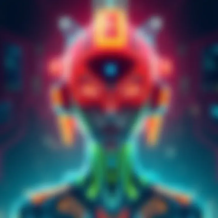 A vibrant digital character resembling CyberNani, with futuristic design elements and tech-inspired colors, set in a tech-themed background.