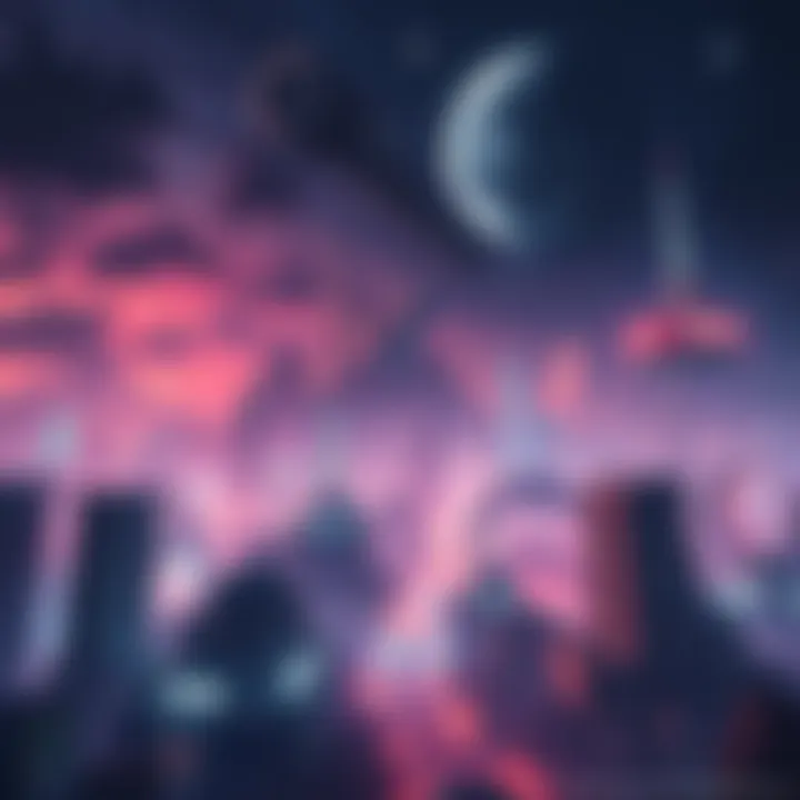 A vibrant Brazilian city under a dark sky, depicting futuristic buildings and remnants of the moon's destruction, with pixel art style.