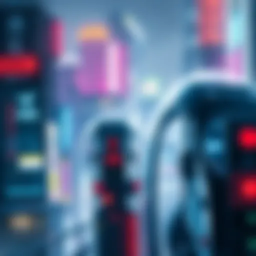 A futuristic city in 2029 with neon lights and high-tech structures, showcasing advanced technology and cybernetic elements.