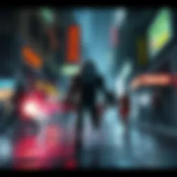 Cyberpunk Tactical Roguelike Scene A team of diverse characters engaged in tactical combat in a futuristic cyberpunk city, showcasing their unique abilities and strategy against a backdrop of neon lights and dark alleys.