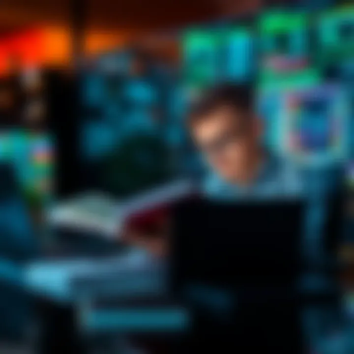 A person studying cybersecurity materials with a laptop and books, focused on improving skills for technical interviews.