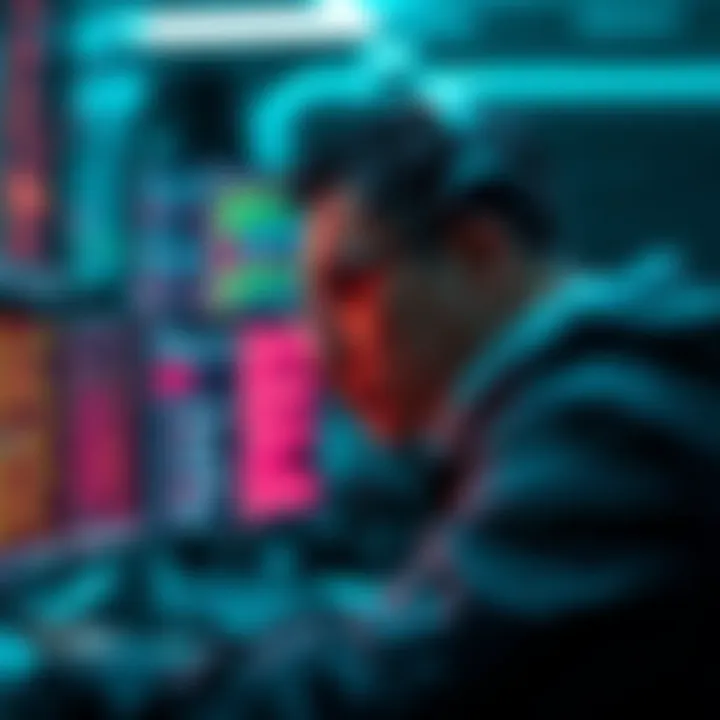 A worried cybersecurity expert looks at computer screens displaying code and hacking symbols, highlighting AI risks.