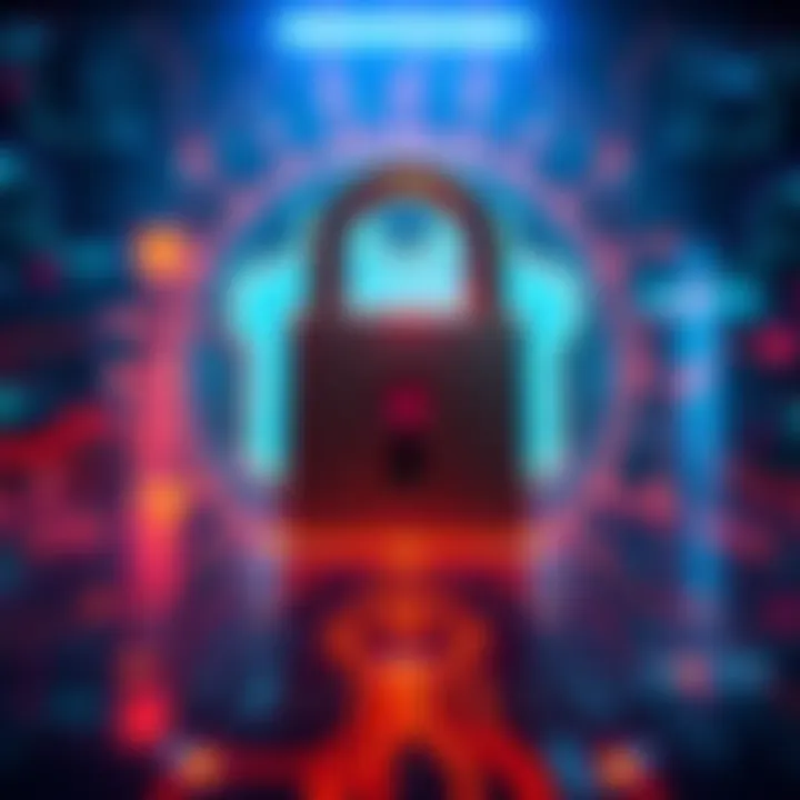 Illustration showing a digital lock symbolizing data security issues at Anthropic, with a representation of AI systems in the background.