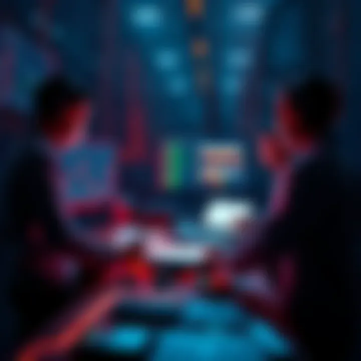 A cybersecurity team working to dismantle a large botnet with many devices connected to a grid, showing charts and screens with data analysis.