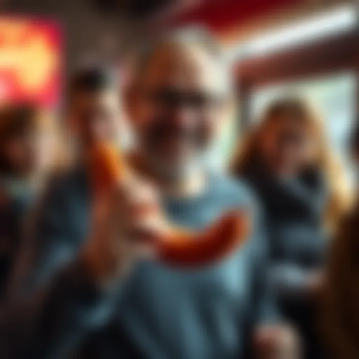 A father smiling while holding a small sausage in his hand, surrounded by curious family and friends