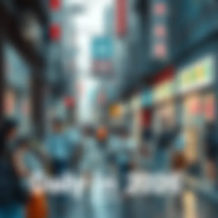 A busy street scene showing diverse people engaging in work and leisure activities, with modern technology integrated into their daily routines.