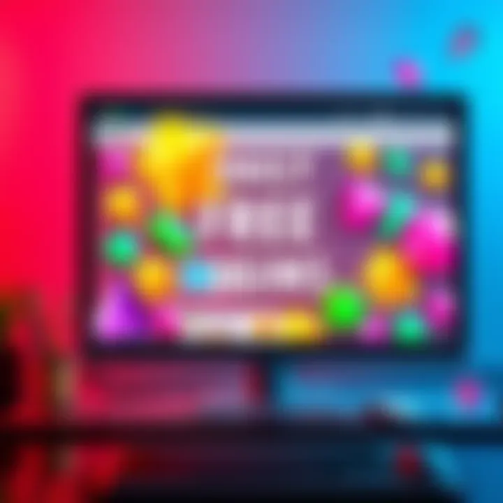 A colorful graphic showing gems and rewards with a computer screen displaying websites for free gems