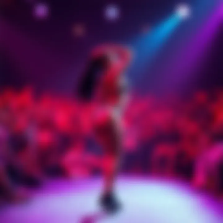 A dancer showcasing twerking moves on stage with vibrant lighting and an enthusiastic crowd in the background